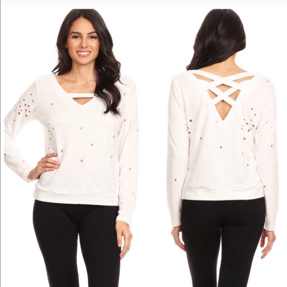 White Distressed Criss Cross Crop Sweatshirt